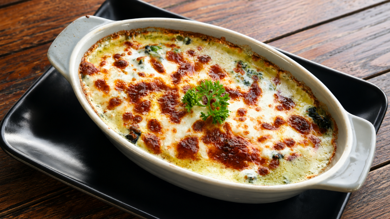 1. Cheesy potato and kale gratin with rye croutons