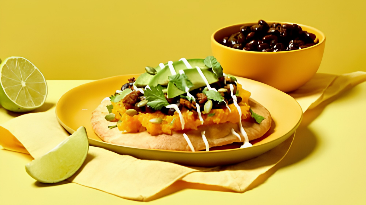 1. Pita Tostadas with Butternut Squash, Black Beans, and Avocado